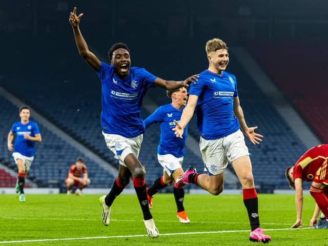 Rangers' Josh Gentles celebrates with Paul Nsio as he scores to make it 2-1 at Hampden Park.