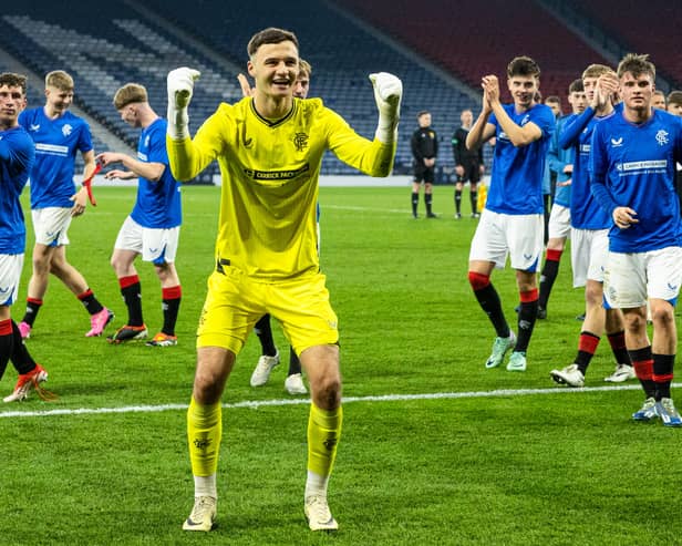 Rangers goalkeeper Mason Munn celebrates at full time after the Scottish Youth Cup final against Aberdeen