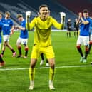 Rangers goalkeeper Mason Munn celebrates at full time after the Scottish Youth Cup final against Aberdeen