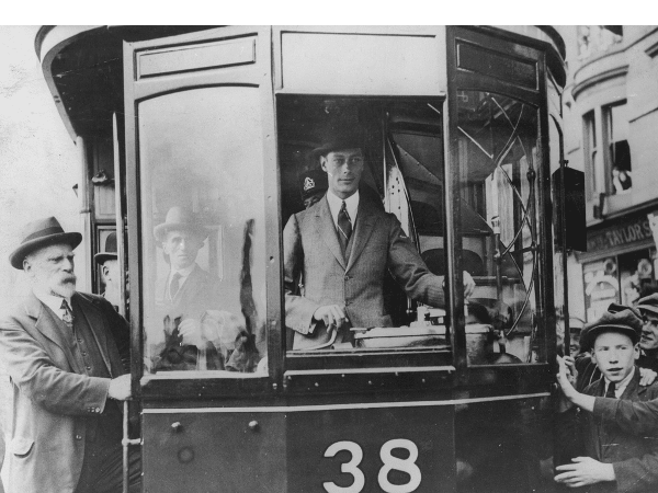 The Duke of York (who would soon become King George VI) operating a tram through Parkhead to celebrate the opening of Glasgow Tramways recreation ground for employees in September 1924. The bearded figure on the left is James Dalrymple, General Manager Parkhead.