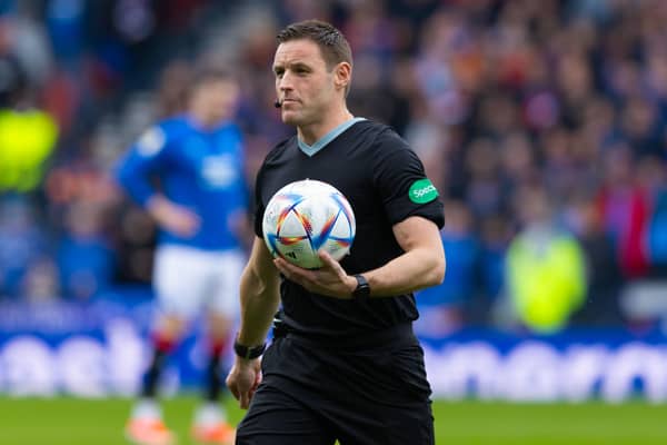 Referee Steven McLean during a Scottish Gas Scottish Cup semi-final match between Rangers and Heart of Midlothian at Hampden Park,