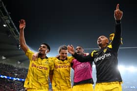 Ian Maatsen, Marcel Sabitzer, Youssoufa Moukoko and Donyell Malen of Borussia Dortmund celebrate victory after defeating Paris Saint-Germain