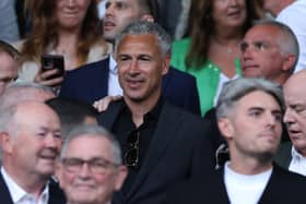 Legendary former Celtic striker Henrik Larsson takes his seat in the man stand ahead of kick-off. 