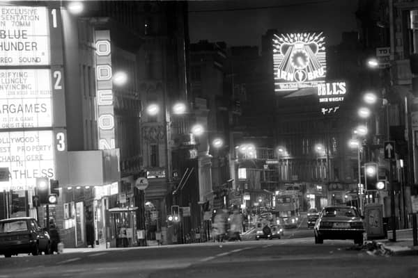 A view down Renfield Street in 1984 - showing the old Barr's Irn-Bru lights over the city centre