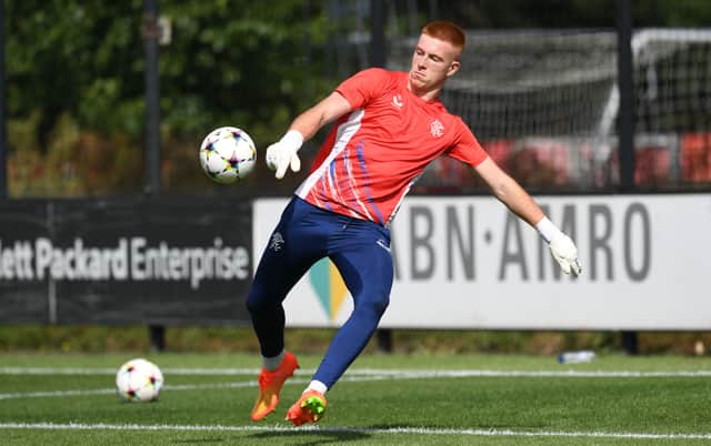 Rangers goalkeeper Jacob Pazikas warms up ahead of a UEFA Youth League match against Ajax in September 2022