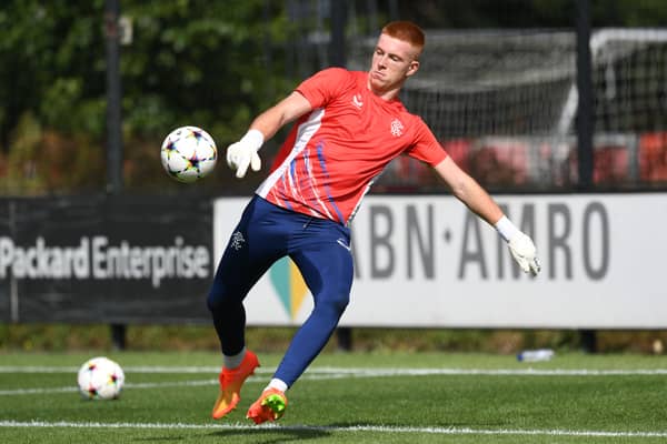 Rangers goalkeeper Jacob Pazikas warms up ahead of a UEFA Youth League match against Ajax in September 2022