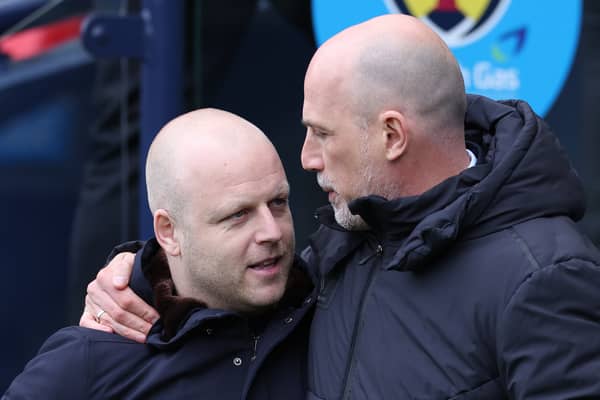 Rangers manager Philippe Clement is seen with Hearts boss Steven Naismith