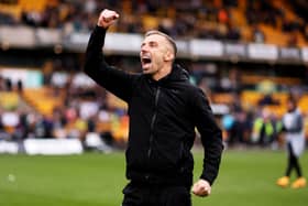Gary O'Neil, head coach of Wolverhampton Wanderers celebrates victory against Luton Town.