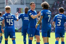 Rangers' Fabio Silva celebrates scoring to make it 3-1 with teammate Leon King 