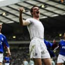 Barry Ferguson of Rangers celebrates scoring the second equalising goal with his team-mates 