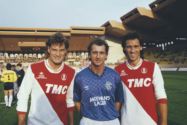 Glenn Hoddle (l) and Mark Hateley (r) of AS Monaco pictured with Rangers striker Trevor Francis in 1987