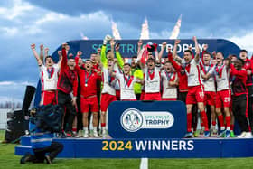 Airdrie lift the SPFL Trust Trophy during the SPFL Trust Trophy Final match between The New Saints and Airdrieonians at Falkirk Stadium