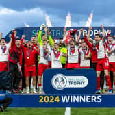 Airdrie lift the SPFL Trust Trophy during the SPFL Trust Trophy Final match between The New Saints and Airdrieonians at Falkirk Stadium