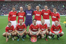 The Manchester United team (Back Row L-R David Beckham, Nicky Butt, Tomasz Kuszczak, Wes Brown, John O'Shea, Michael Owen. Front Row L-R Ryan Giggs, Phil Neville, Gary Neville, Paul Scholes, Wayne Rooney) line up ahead of testimonial match between Manchester United and Juventus at Old Trafford on May 24, 2011 in Manchester, England.  (Photo by John Peters/Manchester United via Getty Images)