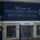 Signage is displayed at Roots Hall football stadium, home of Southend United Football Club
