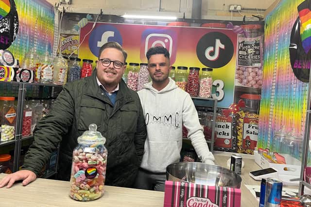 Councillor Thomas Kerr with owner of Be Sweet, Liam Boylan, at the Forge Market