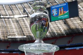 The trophy for the UEFA Euro 2024 European Football Championship in display inside the Allianz Arena