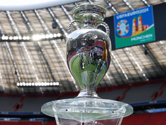 The trophy for the UEFA Euro 2024 European Football Championship in display inside the Allianz Arena
