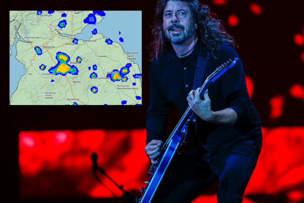 Will Dave Grohl drive the bad weather away once again, as Foo Fighters make their way to Glasgow for their third UK tour date this evening (Credit: Getty/Met Office)