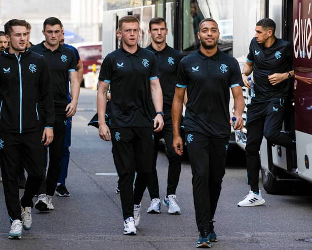 Rangers' Scott Wright, Kieran Wright and Cyriel Dessers 