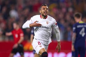Joan Jordan of Sevilla celebrates after scoring the first goal during a UEFA Europa League round of 16 leg one match against Fenerbahce 
