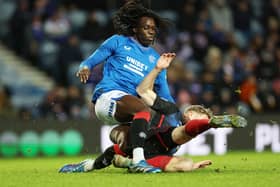 Johnly Yfeko of Rangers vies with Oscar Hojlund of Copenhagen during a friendly match back in January