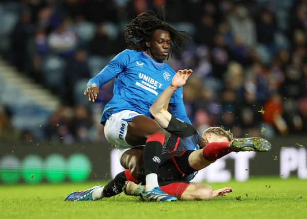 Johnly Yfeko of Rangers vies with Oscar Hojlund of Copenhagen during a friendly match back in January