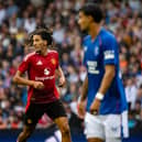 Hannibal Mejbri of Manchester United in action during a pre-season friendly against Rangers