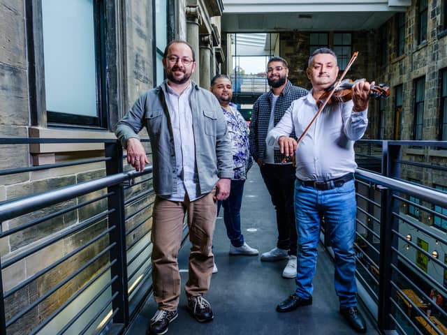 L-R: Janos Lang (Ando Glaso Roma Festival Founder); David Balog (Vocalist in ZOR and Youth Worker for Ando Glaso Roma Festival); Leon Puska (Project Worker Ando Glaso Roma Festival); Marius Otves (Fiddler Ando Glaso Collective) 