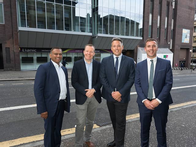 Elanic Medical management team outside the new hospital on Glasgow's Bath Street. l-r: Vivek Sivarajan, Jason Leitch, Kristian Campbell and Michael Logue.