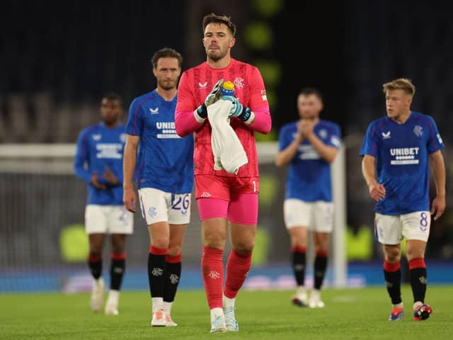Jack Butland of Rangers is seen at full time 