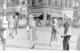 Looking towards Renfield Street and St Vincent Street. Trolleybuses were once a common sight on the streets of Glasgow.