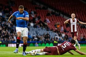 Cyriel Dessers scored the opener for Rangers after this incident with Jack Sanders.
