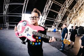 Mark Hoppus of Blink-182 poses backstage at the Sahara Tent during the 2023 Coachella Valley Music and Arts Festival  on April 14, 2023 in Indio, California.