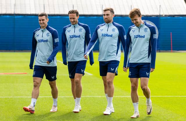 Tom Lawrence, Ben Davies, John Souttar and Kieran Dowell during a Rangers training session