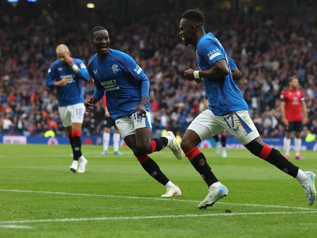 Rabbi Matondo of Rangers celebrates after he scores his team's second goal 