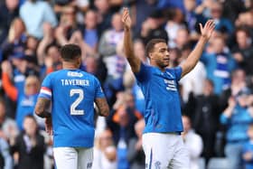 Cyriel Dessers of Rangers celebrates after he scores the opening goal 
