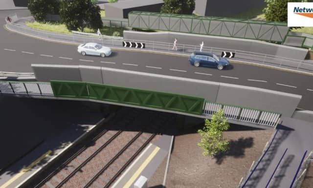 Visualisation of new bridge deck with cantilever footbridge (temporary bridge is shown in background.)