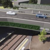 Visualisation of new bridge deck with cantilever footbridge (temporary bridge is shown in background.)