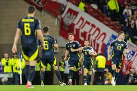 Scotland's Billy Gilmour celebrates after scoring to make it 2-1 during a UEFA Nations League match against Poland