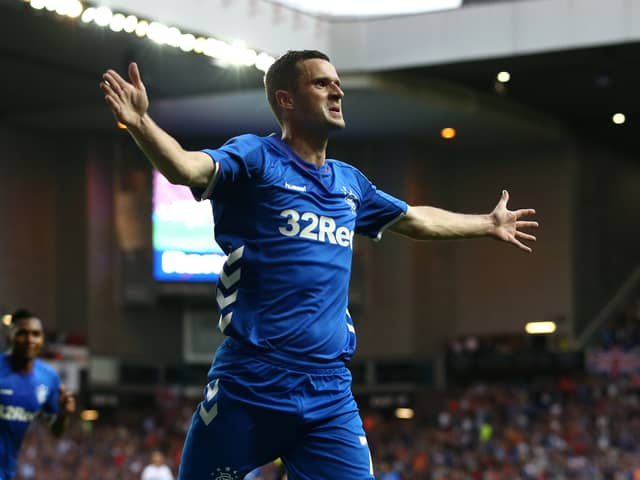 Jamie Murphy of Rangers celebrates scoring his sides first goal during the UEFA Europa League Qualifying Round match against Shkupi at Ibrox in 2018