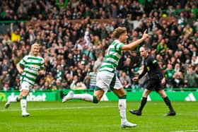 Arne Engels celebrates his opener at Celtic Park.
