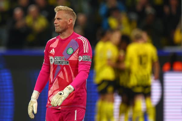 asper Schmeichel of Celtic reacts after Karim Adeyemi of Borussia Dortmund scores his team's third goal 