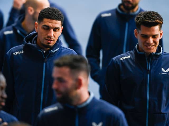 Rangers' Leon Balogun (L) and Ianis Hagi (R) arrive pre-match
