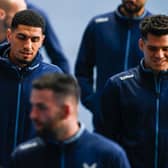 Rangers' Leon Balogun (L) and Ianis Hagi (R) arrive pre-match