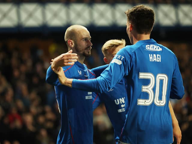  Vaclav Cerny of Rangers celebrates with team mate Ianis Hagi after he scores his second goal against St Johnstone