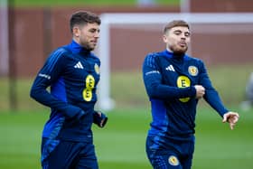 Ryan Christie (L) and James Forrest (R) during a Scotland training session