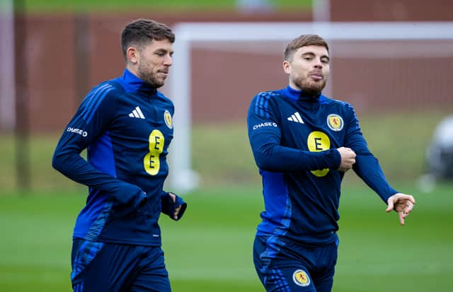 Ryan Christie (L) and James Forrest (R) during a Scotland training session