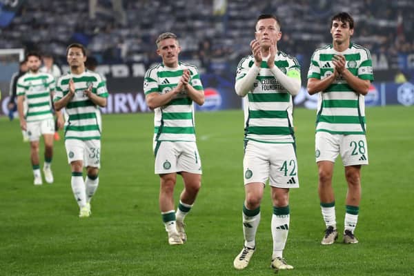 The Celtic team salute the travelling fans in Italy. Cr: Getty Images.