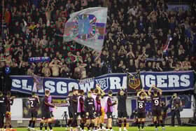 Rangers' players celebrate with supporters after the win over Malmo in Sweden